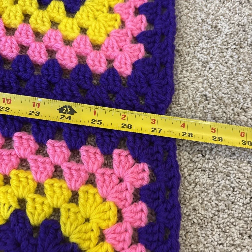 Handmade Crocheted Granny Square Afghan Blanket Purple Pink Yellow‎ 48.5x27.5